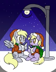 Size: 1556x2000 | Tagged: safe, artist:blayaden, derpibooru import, derpy hooves, dinky hooves, pegasus, pony, caroling, christmas, clothes, equestria's best mother, female, hat, holiday, lamppost, mare, santa hat, scarf, singing, sitting, sweater