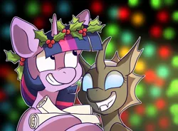 Size: 1280x944 | Tagged: artist:pixel-prism, changeling, changeling oc, christmas changeling, derpibooru import, grin, holly, oc, oc:starlit dreams, safe, scroll, smiling, twilight sparkle, twilight sparkle's secret shipfic folder