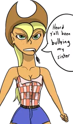 Size: 373x635 | Tagged: angry, applejack, artist:varemia, breasts, cleavage, derpibooru import, female, freckles, human, humanized, safe, solo, speech bubble, wheat grass (plant)