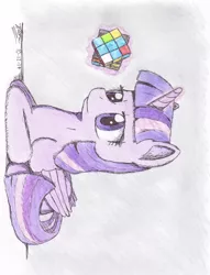 Size: 2036x2670 | Tagged: safe, artist:topgun308, derpibooru import, twilight sparkle, twilight sparkle (alicorn), alicorn, pony, female, hilarious in hindsight, mare, purple smart, rubik's cube, sideways image, solo, traditional art