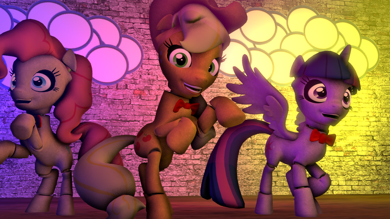 Size: 1024x576 | Tagged: safe, derpibooru import, applejack, pinkie pie, twilight sparkle, twilight sparkle (alicorn), alicorn, pony, robot, five nights at aj's, animatronic, applefreddy, chica pie, creepy, female, five nights at freddy's, mare, pinkie chica pie, scary, solo