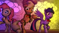 Size: 1024x576 | Tagged: safe, derpibooru import, applejack, pinkie pie, twilight sparkle, twilight sparkle (alicorn), alicorn, pony, robot, five nights at aj's, animatronic, applefreddy, chica pie, creepy, female, five nights at freddy's, mare, pinkie chica pie, scary, solo