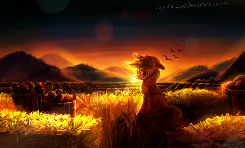 Size: 3300x2000 | Tagged: safe, artist:aquagalaxy, derpibooru import, applejack, bird, earth pony, pony, apple, applejack's hat, cowboy hat, female, food, grass, hat, hill, mare, scenery, solo, stetson, sun