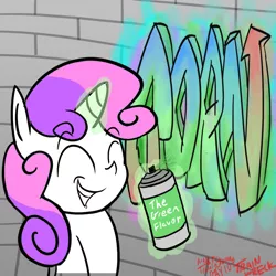 Size: 1000x1000 | Tagged: safe, artist:train wreck, deleted from derpibooru, derpibooru import, sweetie belle, pony, unicorn, graffiti, magic, newbie artist training grounds, paint, solo, spray paint, sweetie belle's magic brings a great big smile, unicorn master race