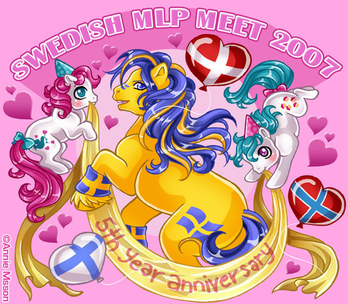 Size: 700x611 | Tagged: safe, artist:anniemsson, derpibooru import, cupcake (g1), truly, oc, oc:swerker, ponified, pony, balloon, g1, nation ponies, sweden