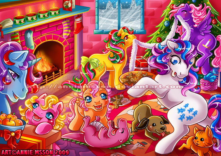 Size: 750x530 | Tagged: artist:anniemsson, brandy, candle, christmas, clothes, cookie, decoration, derpibooru import, dibbles, fireplace, food, g1, gingerbread, holiday, newborn twins, nibbles, safe, snow, snowfall, so soft twilight, sparkler (g1), spike, stockings, thigh highs, tic tac toe (g1), twilight sparkle, twinkles