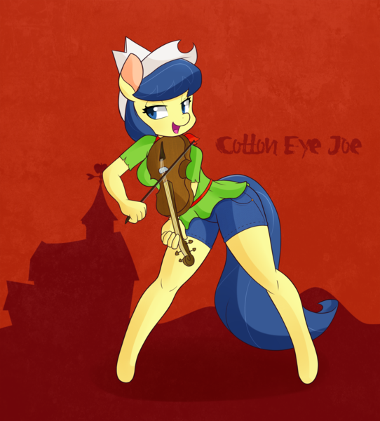 Size: 2000x2214 | Tagged: anthro, apple family member, artist:hidden-cat, bow (instrument), clothes, cotton eyed joe, derpibooru import, female, fiddle, fiddlesticks, musical instrument, playing, safe, shorts, solo