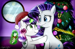 Size: 2576x1700 | Tagged: artist:applemaple19, christmas, christmas tree, derpibooru import, doll, female, hat, holiday, magic, rarity, safe, santa hat, siblings, sisters, sweetie belle, sweetie belle's magic brings a great big smile, toy, tree