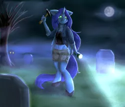 Size: 1866x1600 | Tagged: alicorn, alicorn oc, anthro, anthro oc, artist:aphexangel, belly button, changeling, clothes, derpibooru import, flashlight (object), graveyard, hammer, horn, midriff, moon, oc, oc:ramona, safe, shorts, unofficial characters only, unshorn fetlocks, wings