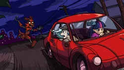 Size: 2400x1350 | Tagged: artist:latecustomer, car, crossover, derpibooru import, five nights at freddy's, fox, foxy, human, humanized, safe, tatra, tatra t77, trixie, twilight being an angry driver, twilight sparkle