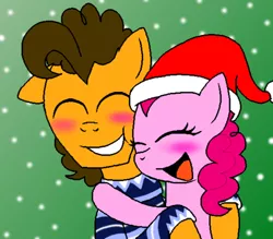 Size: 500x437 | Tagged: safe, artist:crazynutbob, derpibooru import, cheese sandwich, pinkie pie, blushing, cheesepie, christmas, clothes, female, hat, hearth's warming, holiday, hug, male, santa hat, shipping, snow, snowfall, straight, sweater