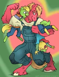 Size: 770x1000 | Tagged: adopted offspring, anthro, artist:kaemantis, beard, big macintosh, clothes, derpibooru import, facial hair, father, father and child, father and son, male, oc, oc:lil' mark, oc:lil' mike, overalls, safe, son, unguligrade anthro