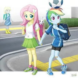 Size: 800x800 | Tagged: safe, artist:uotapo, derpibooru import, angel bunny, derpy hooves, fluttershy, rainbow dash, equestria girls, :<, backpack, bandaid, barrette, blushing, boots, clothes, cute, cutie mark, cutie mark accessory, cutie mark hair accessory, cutie mark on clothes, dashabetes, day, derpabetes, digital art, dress, female, football, frown, holding hands, looking up, outdoors, patch, randoseru, road, schoolgirl, shirt, shoes, shorts, shy, shyabetes, skirt, smiling, sneakers, socks, sports, uotapo is trying to murder us, younger