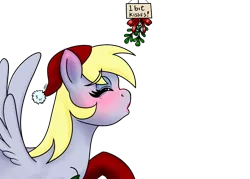 Size: 5600x4000 | Tagged: safe, artist:outofworkderpy, derpibooru import, derpy hooves, pegasus, pony, blushing, christmas, clothes, cute, derpabetes, eyes closed, eyeshadow, female, hat, hearth's warming eve, holiday, holly, holly mistaken for mistletoe, kissing, kissing meme, lipstick, makeup, mare, mistletoe, open mouth, out of work derpy, outofworkderpy, raised hoof, santa hat, sign, simple background, socks, solo, spread wings, stockings, thigh highs, transparent background, wings