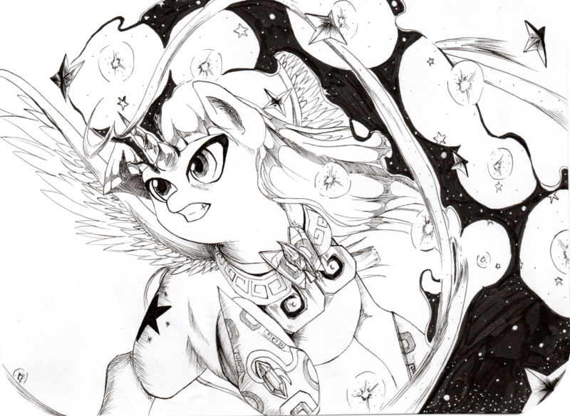 Size: 2307x1683 | Tagged: safe, artist:aerostoner, derpibooru import, twilight sparkle, twilight sparkle (alicorn), alicorn, pony, armor, female, magic, mare, monochrome, solo, traditional art