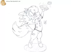 Size: 1024x744 | Tagged: anthro, artist:enryuuchan, clothes, derpibooru import, food, monochrome, old cutie mark, pie, safe, sergeant, sketch, soarin', that pony sure does love pies, uniform, wonderbolts dress uniform