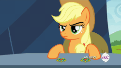 Size: 640x360 | Tagged: safe, derpibooru import, edit, screencap, applejack, rarity, pony, trade ya, all new, animated, bad end, brooch, credit joke, credits, hub logo, i can't believe it's not superedit, oops, parody, running away, scene parody, scrunchy face, silly, silly pony, text, who's a silly pony