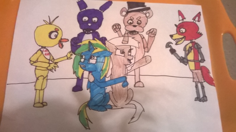 Size: 2592x1456 | Tagged: safe, artist:fifthcru5ader, derpibooru import, oc, oc:cocoa bean, oc:fifthcru5ader, unofficial characters only, alicorn, fox, pony, alicorn oc, bonnie, chica, crossover, five nights at freddy's, foxy, freddy fazbear, horn, hug, scared, traditional art, wings