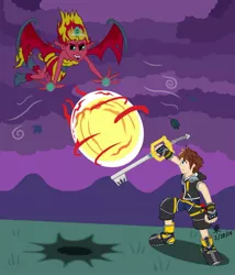 Size: 1024x1195 | Tagged: safe, artist:jazzytyfighter, derpibooru import, sunset shimmer, equestria girls, crossover, dead man's volley, fight, kingdom hearts, sora, sunset satan