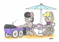 Size: 1898x1354 | Tagged: safe, artist:bobthedalek, derpibooru import, oc, oc:mixed melody, oc:octavia's father, oc:octavia's mother, oc:ostinato melody, unofficial characters only, earth pony, pony, bow, chair, clothes, female, food, male, onomatopoeia, pram, sound effects, stroller, sweater vest, table, tea, teapot, traditional art, z, zzz