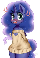 Size: 600x874 | Tagged: suggestive, artist:ming3, derpibooru import, princess luna, anthro, angry, blushing, bottomless, breasts, clothes, cute, delicious flat chest, female, flatuna, i'm not cute, keyhole turtleneck, lunabetes, open-chest sweater, partial nudity, simple background, solo, solo female, sweater, tsundere, tsunderuna, turtleneck