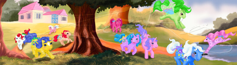 Size: 1600x437 | Tagged: artist:z1ar0, bow, bright night, bubbles (g1), buttons (g1), cherries jubilee, cool breeze, derpibooru import, g1, galaxy (g1), my little pony 'n friends, night glider (g1), opening theme, paradise estate, princess sparkle, safe, scene interpretation, scenery, skyflier, sweet lily, tail bow, watermark, windy wing ponies