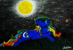 Size: 1024x698 | Tagged: artist:chelidoni, derpibooru import, g1, looking up, moon, night, night light (g1), prone, safe, solo