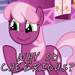 Size: 600x600 | Tagged: caption, cheerilee, cheerious, derpibooru import, hearts and hooves day, hearts and hooves day (episode), image macro, meme, pun, reaction image, safe, screencap, smiling, solo, text, why so serious?