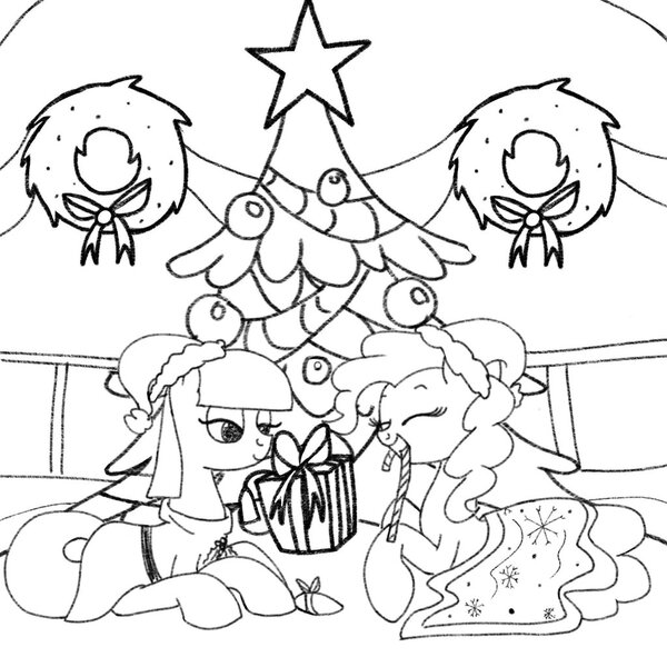 Size: 1024x1024 | Tagged: artist:bratzoid, candy, candy cane, christmas, christmas tree, derpibooru import, food, hat, hearth's warming eve, holiday, maud pie, monochrome, mouth hold, newbie artist training grounds, pinkie pie, safe, santa hat, tree