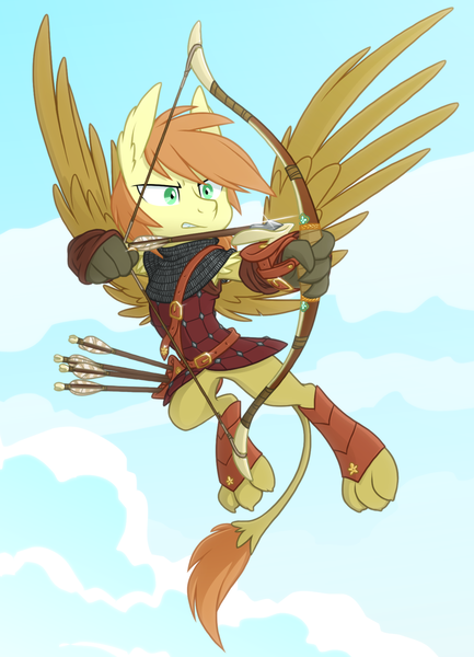 Size: 1300x1800 | Tagged: archery, armor, arrow, artist:equestria-prevails, bow and arrow, bow (weapon), derpibooru import, hippogriff, hybrid, oc, oc:overdraw, original species, safe, solo, unofficial characters only, weapon