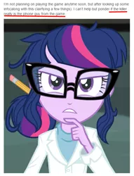 Size: 527x690 | Tagged: safe, derpibooru import, sci-twi, twilight sparkle, equestria girls, barely pony related, five nights at freddy's, five nights at freddy's 2, game theory, obligatory pony, text, theory