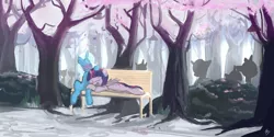 Size: 1280x640 | Tagged: safe, artist:tivy, derpibooru import, trixie, twilight sparkle, twilight sparkle (alicorn), alicorn, pony, bench, blushing, female, lesbian, mare, shipping, snow, twixie, winter