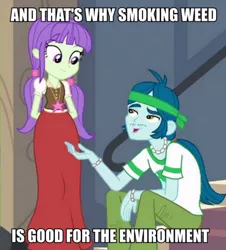 Size: 600x664 | Tagged: safe, derpibooru import, screencap, captain planet, starlight, equestria girls, equestria girls (movie), background human, caption, drugs, eco kid insults, image macro, marijuana, meme, text