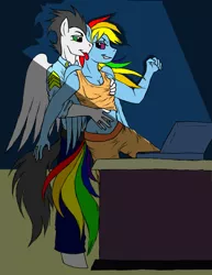 Size: 989x1280 | Tagged: suggestive, artist:astraalace, artist:mistresschao, derpibooru import, rainbow dash, soarin', anthro, breast grab, breasts, computer, female, grope, laptop computer, licking, male, sergeant, shipping, soarindash, straight, tongue out