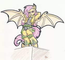 Size: 2010x1853 | Tagged: safe, artist:sensko, derpibooru import, fluttershy, anthro, bat pony, bat ponified, crossover, dio brando, flutterbat, jojo's bizarre adventure, looking down, pencil drawing, race swap, solo, traditional art