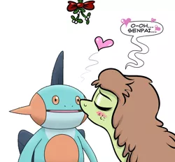 Size: 1024x950 | Tagged: artist:catfood-mcfly, ask fury belle, derpibooru import, exploitable meme, kissing, marshtomp, meme, mistletoe, oc, oc:checked privilege, pokémon, safe