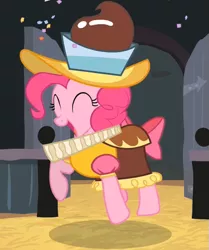 Size: 529x632 | Tagged: safe, derpibooru import, screencap, chancellor puddinghead, pinkie pie, earth pony, pony, hearth's warming eve (episode), cute, diapinkes, eyes closed, female, mare, open mouth, outfit catalog, raised hoof, solo