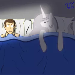 Size: 2000x2000 | Tagged: artist:lucandreus, assassin's creed, bed, bedroom eyes, derpibooru import, ezio auditore, frown, human, on back, princess celestia, princess molestia, smiling, suggestive, thousand yard stare, wide eyes