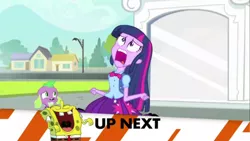 Size: 1067x600 | Tagged: safe, derpibooru import, edit, edited screencap, screencap, spike, twilight sparkle, dog, equestria girls, equestria girls (movie), exploitable meme, image, inappropriate timing spongebob banner, jpeg, meme, spike the dog, spongebob laughs at your misery, spongebob squarepants, spongebob squarepants (character), twiscream, up next