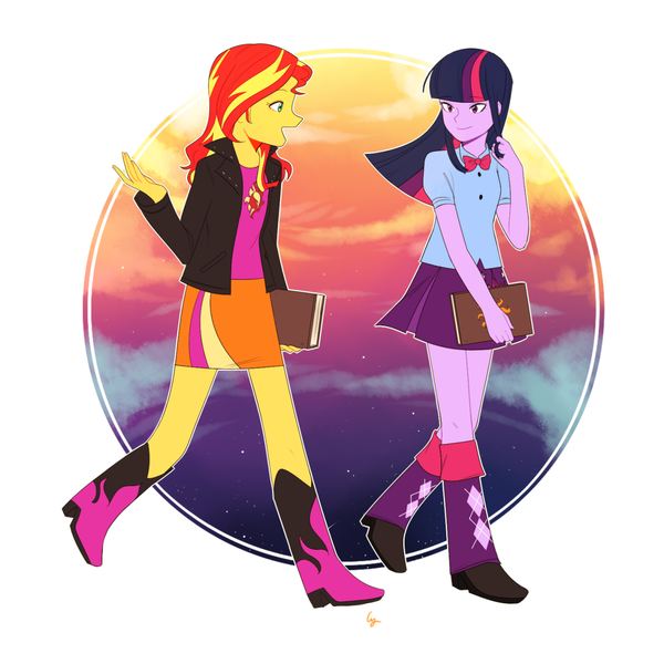 Size: 1280x1280 | Tagged: safe, artist:magneticskye, derpibooru import, sunset shimmer, twilight sparkle, twilight sparkle (alicorn), alicorn, human, equestria girls, rainbow rocks, female