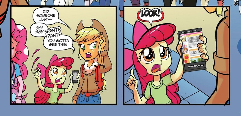 Size: 1038x499 | Tagged: safe, derpibooru import, idw, apple bloom, applejack, pinkie pie, equestria girls, spoiler:comic, spoiler:comicholiday2014, advertisement, apple bloom's phone, idw advertisement, meme origin