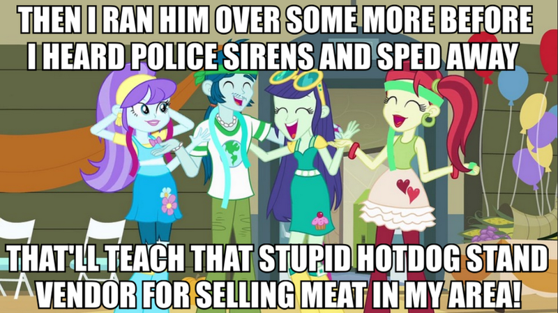 Size: 981x550 | Tagged: safe, derpibooru import, edit, edited screencap, screencap, aqua blossom, blueberry cake, captain planet, rose heart, equestria girls, equestria girls (movie), aqua blossom's stealth third arm, background human, caption, dark comedy, eco kid insults, image macro, meme, naomi nobody, text, time to come together