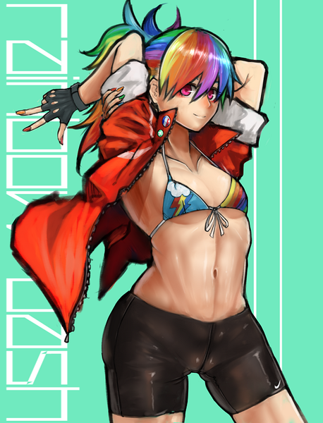 Size: 573x750 | Tagged: armpits, artist:kai(ry, belly button, bike shorts, bikini, bikini top, breasts, cameltoe, clothes, cutie mark clothes, delicious flat chest, derpibooru import, female, fingerless gloves, gloves, human, humanized, nail polish, questionable, rainbow dash, solo, solo female, swimsuit, underboob