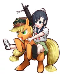 Size: 924x1140 | Tagged: safe, artist:kai(ry, derpibooru import, applejack, earth pony, human, pony, gun, rearing, riding, sg 556, solo, upotte, weapon