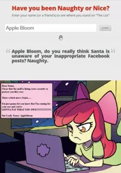 Size: 779x1104 | Tagged: safe, derpibooru import, edit, idw, apple bloom, equestria girls, equestria girls (movie), spoiler:comic, apple bloom's blog, christmas, computer, exploitable meme, facebook, holiday, meme, santa claus, the boondocks, threat, vulgar