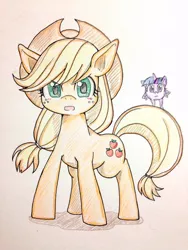 Size: 600x800 | Tagged: safe, artist:nazonazopowerfu, derpibooru import, applejack, twilight sparkle, earth pony, pony, unicorn, applejack's hat, cowboy hat, female, hat, looking at you, mare, open mouth, pixiv, traditional art, wat