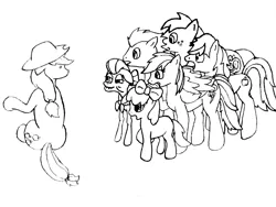 Size: 2592x1944 | Tagged: safe, artist:phonicb∞m, derpibooru import, apple bloom, applejack, big macintosh, braeburn, granny smith, rainbow dash, soarin', earth pony, pony, fanfic, calm wind, male, monochrome, stallion