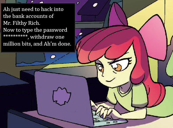 Size: 603x444 | Tagged: safe, derpibooru import, apple bloom, equestria girls, spoiler:comic, apple bloom's blog, computer, exploitable meme, hacking, inverted mouth, meme