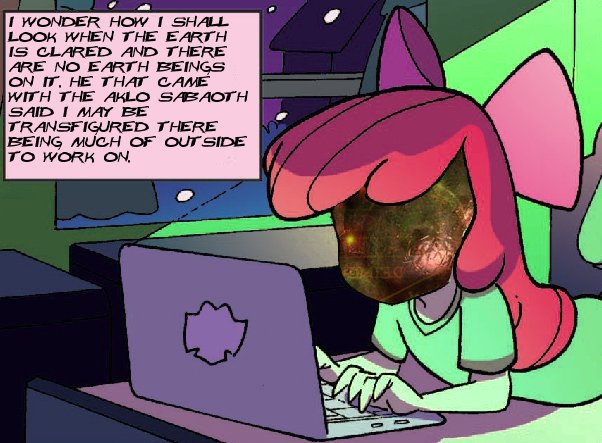 Size: 602x443 | Tagged: safe, derpibooru import, edit, apple bloom, equestria girls, spoiler:comic, apple bloom's blog, exploitable meme, h.p. lovecraft, lovecraft, meme, the dunwich horror, wilbur whateley, yog-sothoth