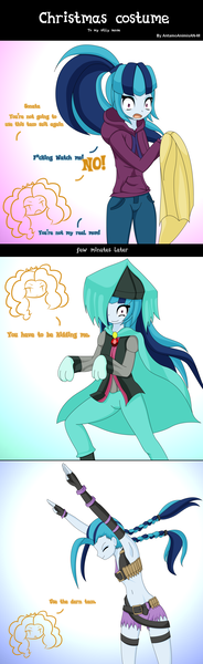 Size: 1500x4900 | Tagged: safe, artist:an-m, derpibooru import, adagio dazzle, sonata dusk, equestria girls, belly button, clothes, comic, cosplay, costume, dust (character), dust: an elysian tail, jinx (league of legends), league of legends, midriff, vulgar